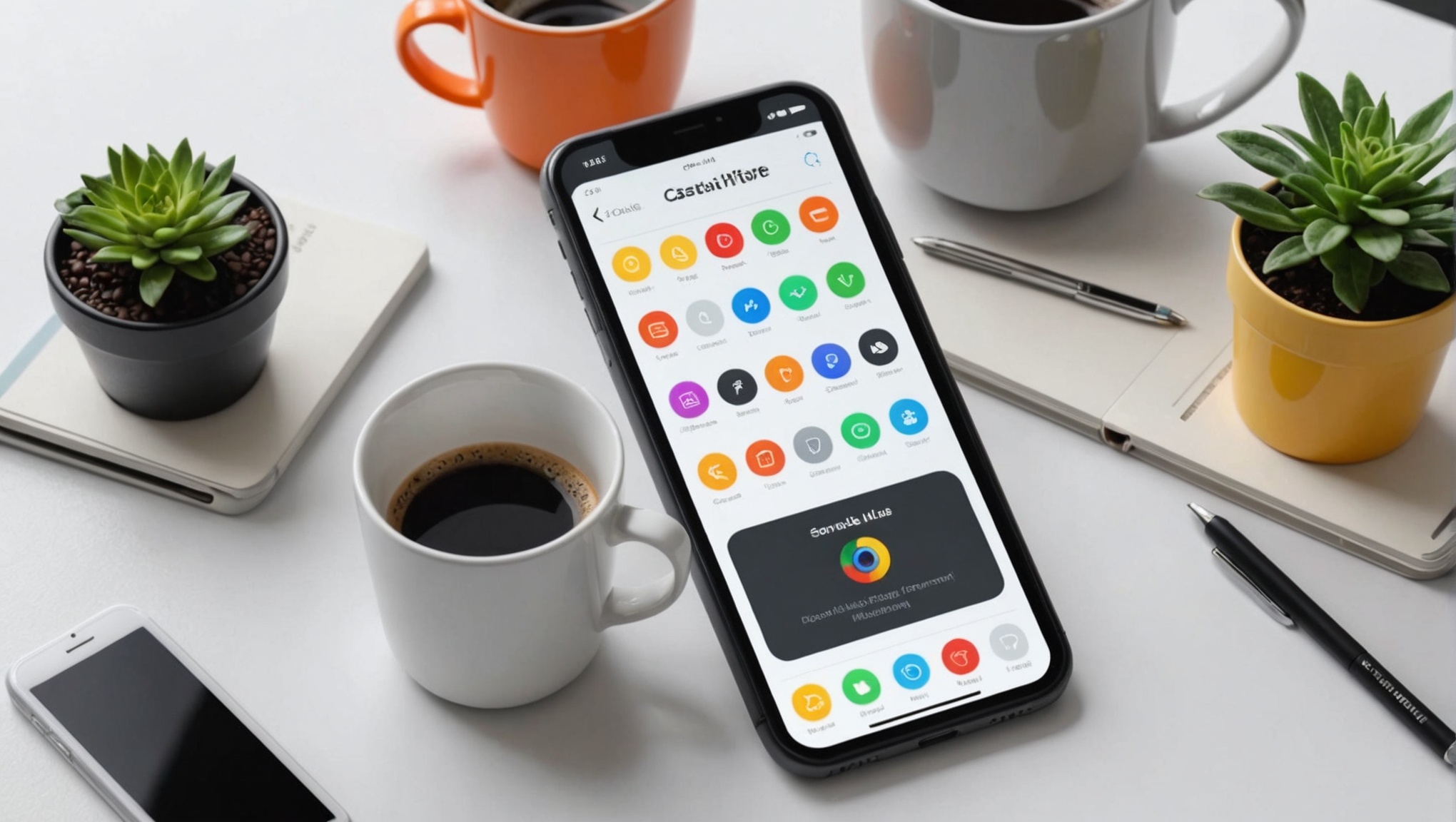 Смартфон на столе, окружённый кофе и растениями, отображает экран с приложениями.