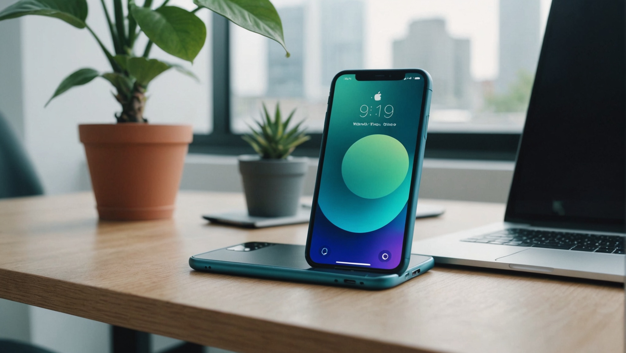 Смартфон на док-станции рядом с ноутбуком и комнатными растениями на офисном столе.