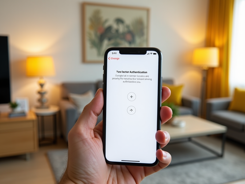Рука держит смартфон с экраном двухфакторной аутентификации в уютной гостиной.