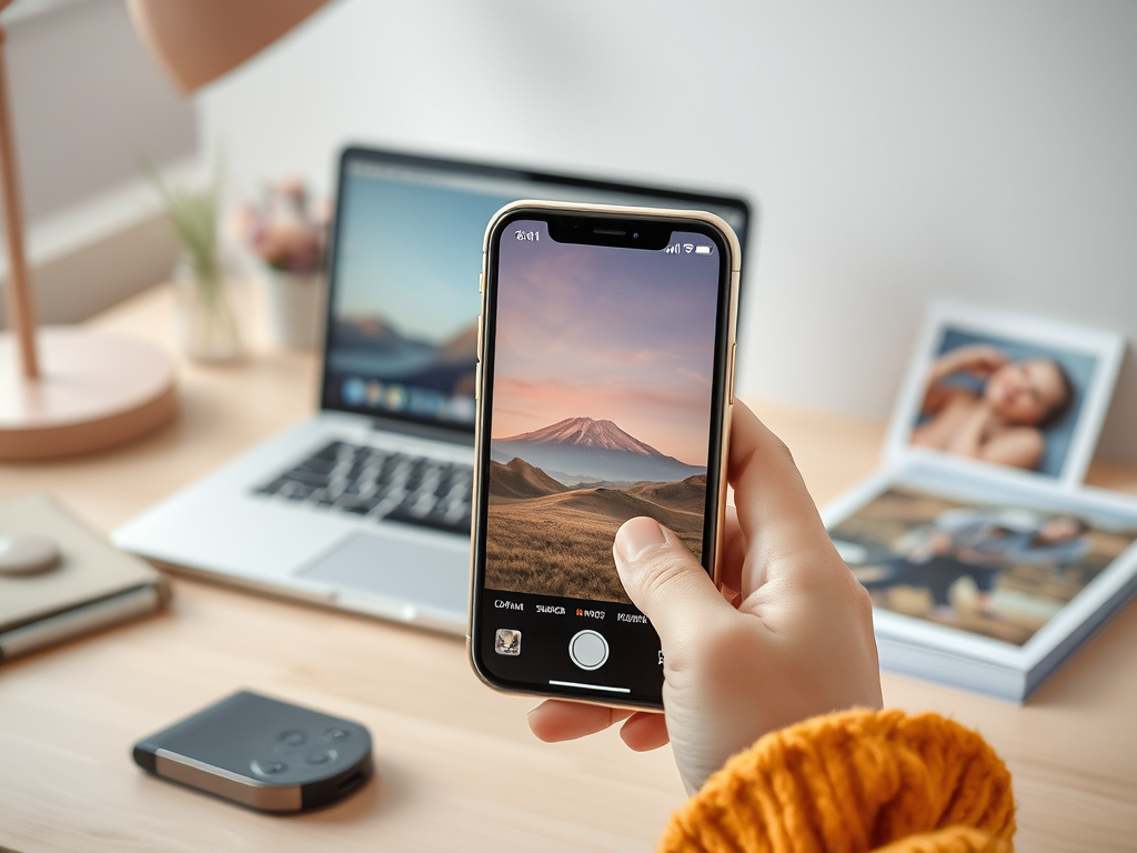 На изображении рука держит телефон с фотографией горного пейзажа на фоне стола с ноутбуком и альбомом.