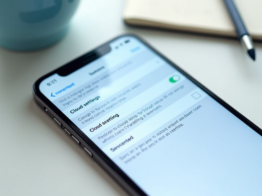 Смартфон на столе с открытыми настройками облачного хранения на экране, рядом ручка и чашка.